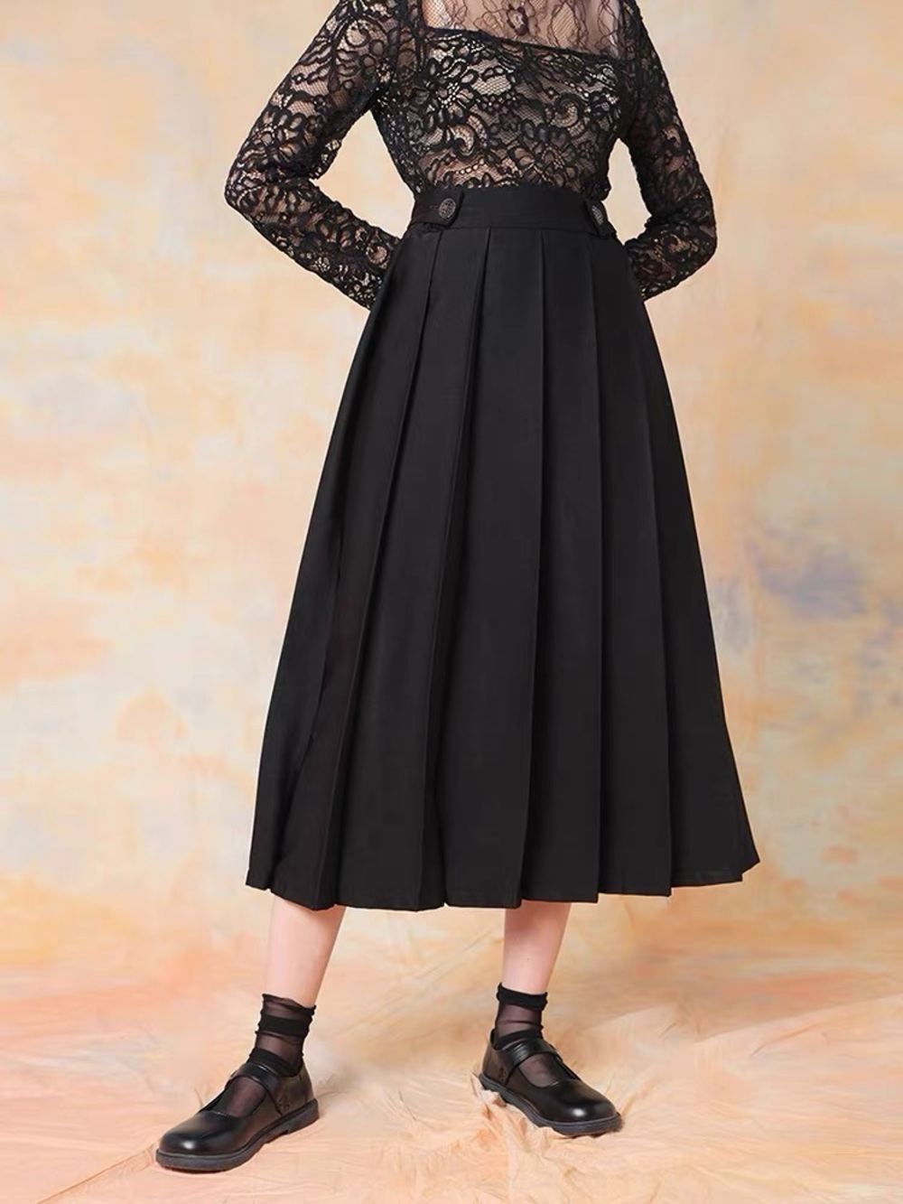 ODD PSYCHE Black High Waisted Long Pleated Maxi Skirt M Long